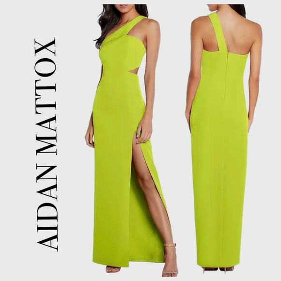NEW NWT Aidan Mattox One Shoulder Crepe Long Dress Lime Green size 12 - Picture 1 of 8